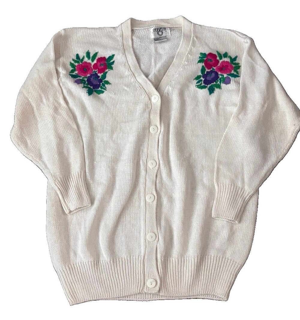VINTAGE Granny Cottage Core Sweater XL Women Cardigan Embroidered Floral Y2K